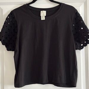 Joie Black Crochet‎ Eyelet Sleeve Cotton Tee